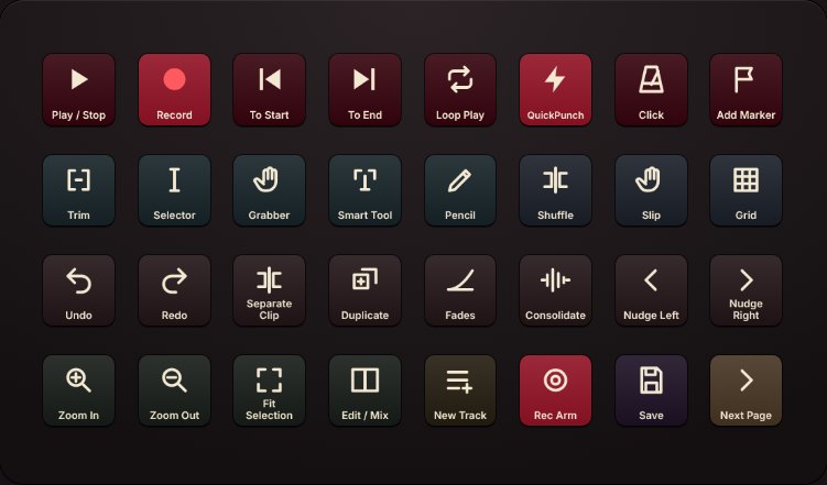 A Stream Deck XL in DeckForge showing the ProTools Deck XL main page: transport, edit tools, editing and zoom keys